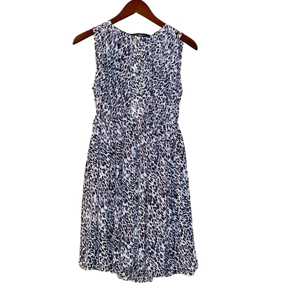 Black Shuttle Women's S Mini Dress Black Purple Animal Print Button Up